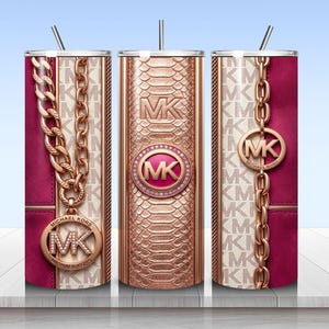 May include: Three cylindrical tumblers with straws featuring a rose gold snakeskin texture, a repeating MK logo pattern, and deep magenta panels. The design includes rose gold chain graphics and circular Michael Kors logo medallions with crystals.