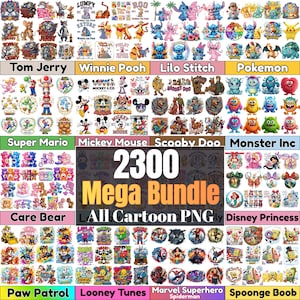Puede incluir: Una colección digital de 2300 archivos PNG de personajes de dibujos animados que incluye a Tom y Jerry, Winnie the Pooh, Lilo y Stitch, Pokemon, Super Mario, Mickey Mouse, Scooby Doo, Monster Inc, Care Bear, Disney Princess, Paw Patrol, Looney Tunes, Marvel y SpongeBob.