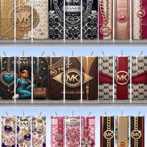 May include: A collection of cylindrical tumblers featuring various luxury-inspired patterns, including gold filigree, chain motifs, designer logos like MK and Coach, nurse-themed illustrations, and vibrant cherry or floral designs with metallic accents.