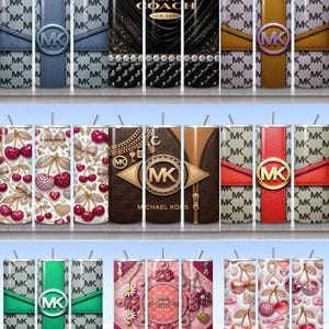May include: A collection of cylindrical tumblers featuring various luxury brand-inspired patterns, including repeating MK logos, Coach branding, cherry motifs, quilted textures, gold chains, zippers, and metallic accents in diverse color palettes.