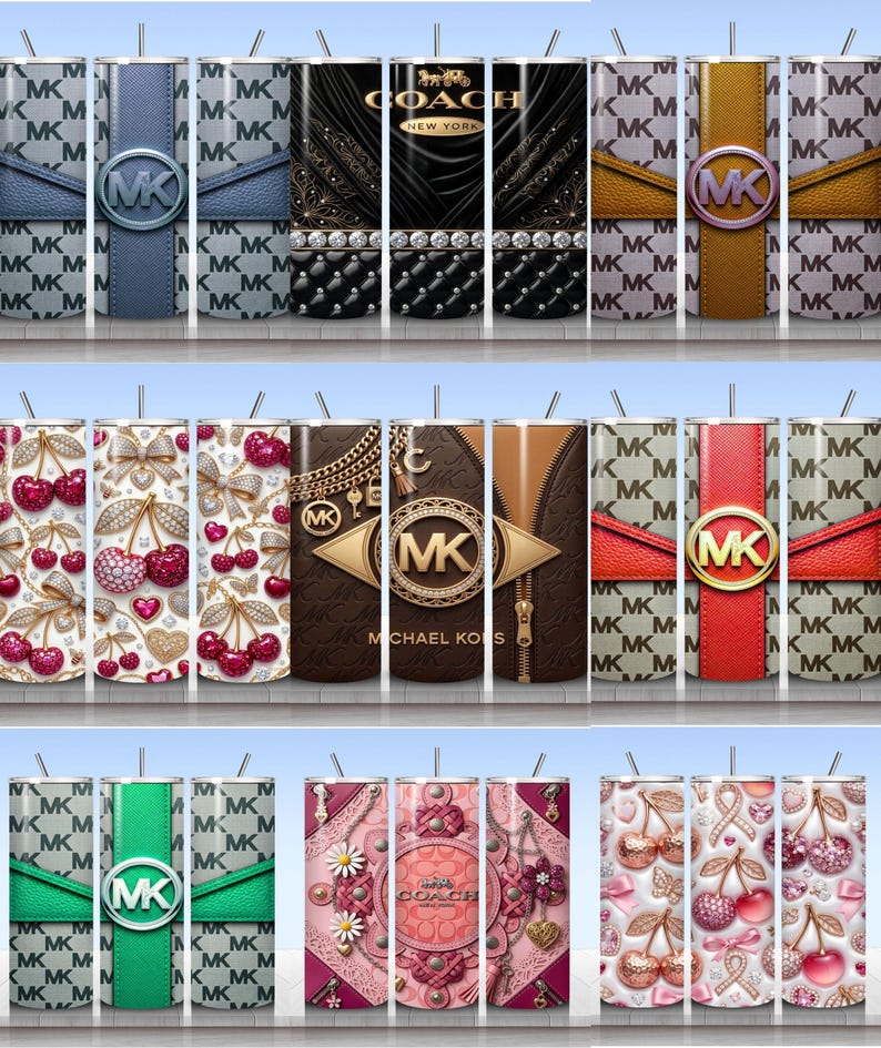 May include: A collection of cylindrical tumblers featuring various luxury brand-inspired patterns, including repeating MK logos, Coach branding, cherry motifs, quilted textures, gold chains, zippers, and metallic accents in diverse color palettes.