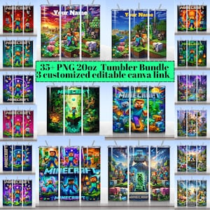 Könnte beinhalten: Eine digitale Sammlung von über 35 Minecraft-Becherdesigns für 20oz-Becher mit verschiedenen Spielfiguren, Landschaften und Blockgrafiken. Das Bild enthält den Text 35+ PNG 20oz Tumbler Bundle 3 customized editable canva link.