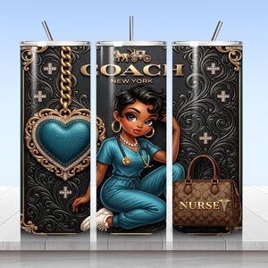 May include: A cylindrical tumbler featuring a black background with ornate gold scrollwork, a teal heart pendant on a gold chain, and a nurse character in teal scrubs with a stethoscope. The design includes the Coach New York logo and a brown handbag.