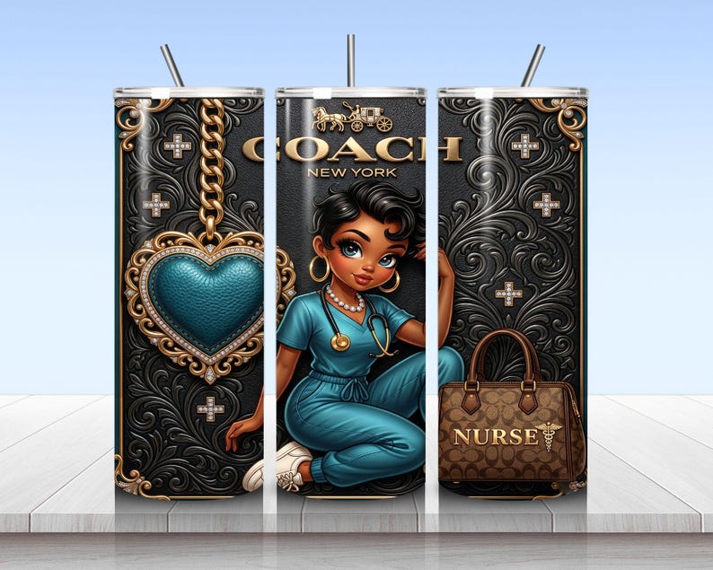 May include: A cylindrical tumbler featuring a black background with ornate gold scrollwork, a teal heart pendant on a gold chain, and a nurse character in teal scrubs with a stethoscope. The design includes the Coach New York logo and a brown handbag.