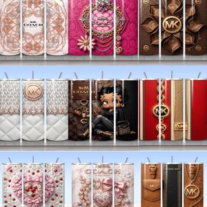 May include: A collection of nine cylindrical tumblers featuring various designs including Coach and Michael Kors branding, floral patterns, quilted textures, a cartoon character, and metallic chain motifs, each topped with a thin metal straw.