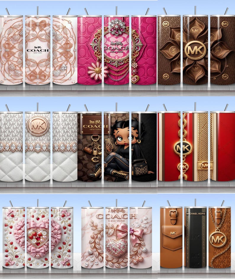 May include: A collection of nine cylindrical tumblers featuring various designs including Coach and Michael Kors branding, floral patterns, quilted textures, a cartoon character, and metallic chain motifs, each topped with a thin metal straw.