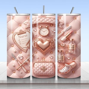 May include: A cylindrical tumbler with a rose gold quilted pattern background featuring medical-themed icons including a heart-shaped clipboard labeled Nurse, a clock, a scalpel, a lipstick, pill bottles labeled Care and Love, and a medical clog.