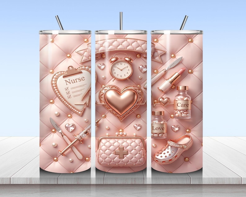May include: A cylindrical tumbler with a rose gold quilted pattern background featuring medical-themed icons including a heart-shaped clipboard labeled Nurse, a clock, a scalpel, a lipstick, pill bottles labeled Care and Love, and a medical clog.