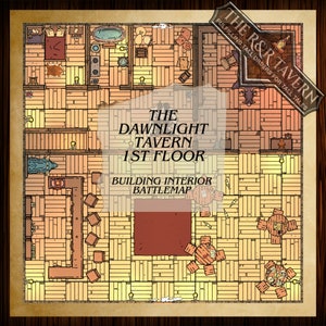 May include: A hand-drawn map of the first floor of the Dawnlight Tavern, a fantasy tavern with a bar, tables, and chairs. The map is labeled "Building Interior Battlemap".