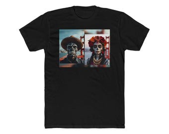 Maglietta girocollo unisex in cotone Dia de los Muertos, maglietta con coppia di scheletri, maglietta di Halloween, top per feste, abbigliamento casual boho