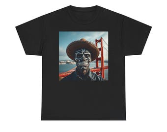 Maglietta del Giorno dei Morti, maglietta unisex in cotone pesante, maglietta con grafica a teschio, maglietta per costume di Halloween, abbigliamento per festival, idea regalo originale