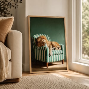 Lion Art Print | Armchair Poster | Whimsical Animal Decor | Green Striped Lounge A5 A4 A3