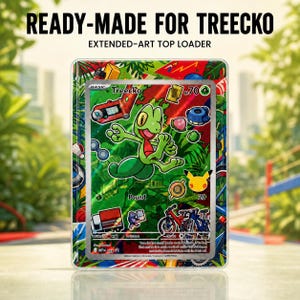 May include: A clear plastic top loader card protector featuring an extended-art design of the Pokemon Treecko. The border displays colorful jungle foliage, bicycles, and various small items. Text at the top reads READY-MADE FOR TREECKO.