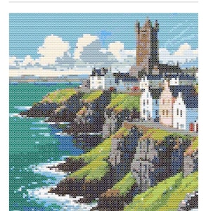 Puede incluir: Un patrón de punto de cruz titulado IRELAND que muestra un paisaje costero con un castillo de piedra, casas pequeñas, acantilados verdes y olas azules. El tamaño del diseño es de 107 x 120 puntadas, representado en una cuadrícula pixelada.