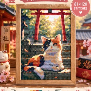Peut inclure: Un modèle de point de croix intitulé Japanese Temple Cat Cross Stitch Pattern, représentant un chat calico devant un portail torii rouge. Le téléchargement numérique inclut 81 x 120 points, des listes de couleurs DMC et Anchor.