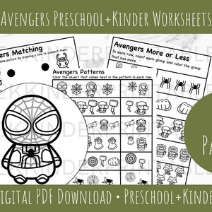 May include: A set of 20 printable Avengers themed worksheets for preschool and kindergarten. The worksheets include matching, patterns, and more or less activities. The worksheets feature characters like Spider-Man, Iron Man, and Captain America.