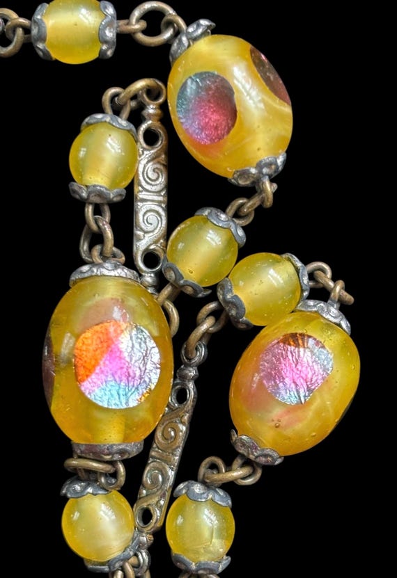 Antique Peacock Eye Foil Glass Uranium Glass Choker Necklace 16”