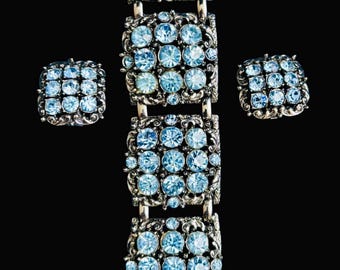 Vtg Selro Corp Signed Glam Blue Glass Rhinestones Bracelet & Earrings AS IS