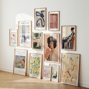 May include: A selection of framed art prints displayed against a white wall. The prints showcase diverse illustrations, such as floral patterns, abstract forms, and portraits. The frames are light brown, and the art prints are in various sizes.