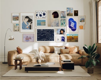 Gallery Wall Set Wood Frame Mockup,Art Print Gallery Set Mockup,19 Frames mockup,Poster Display,Art work Mockup，PSD JPG Smart Object
