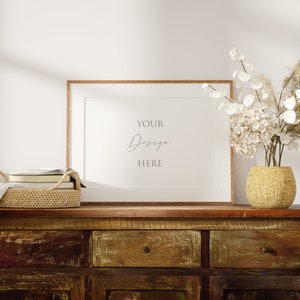 Wood Frame Mockup in Farmhouse,Rustic Interior Mockup,Minimalist Mockup,Boho Frame Mockup, Wall Art Mockup,Printable Art Mockup,Smart Object