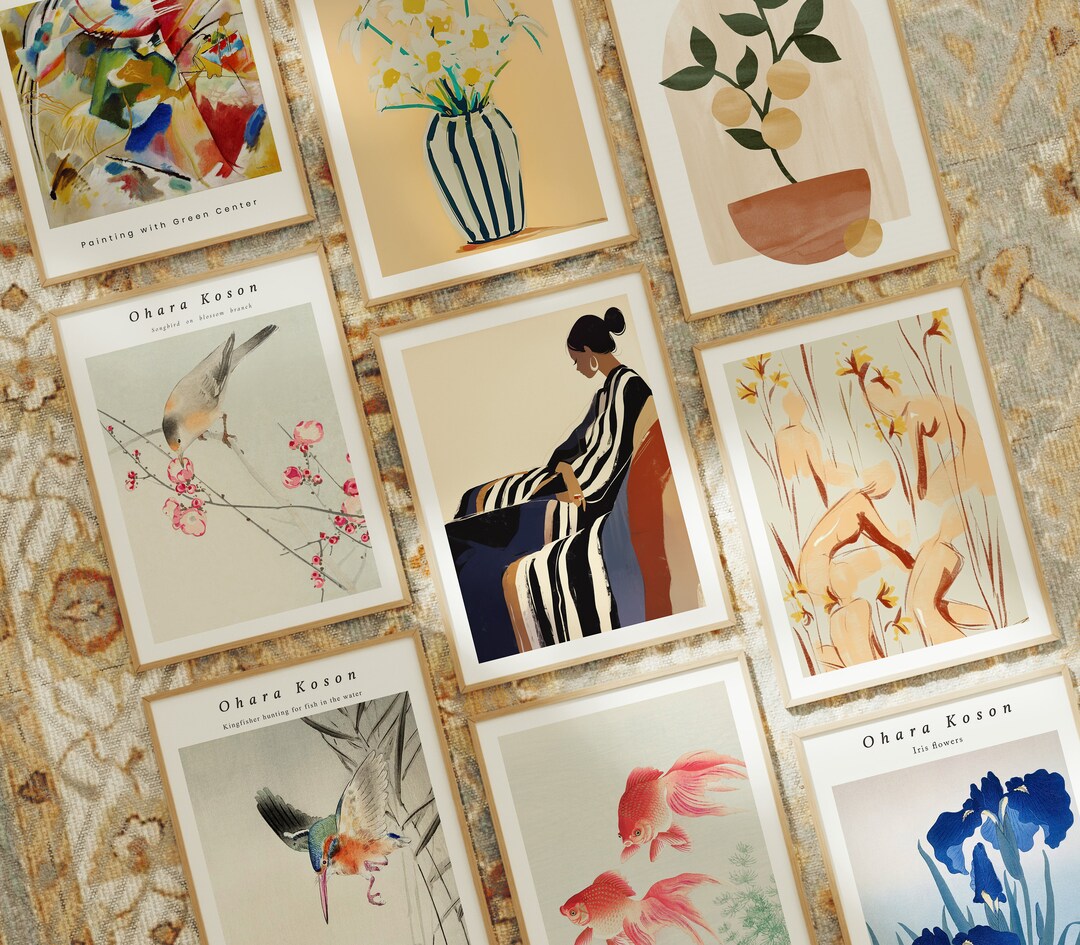 Gallery Frame Set Mockups,9 Frames Boho Wood Frame Mockup on Wood Floor