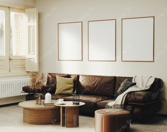 3 Wooden Frame Mockup in Living Room Interior,Boho Frame Mockup,Poster Mockup,Wall Art Mockup,Vintage,Country,Interior Mockup,JPG PSD