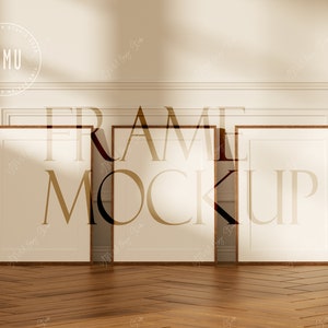 Set of 3 Wooden Frame Mockup in Scandinavian Style Interior,Artwork Frame Mockup,Frame on Wooden Floor,Poster Mockup,Digital Frame,PSD JPG