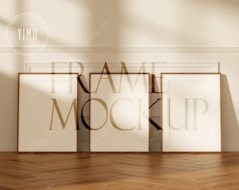 Set of 3 Wooden Frame Mockup in Scandinavian Style Interior,Artwork Frame Mockup,Frame on Wooden Floor,Poster Mockup,Digital Frame,PSD JPG