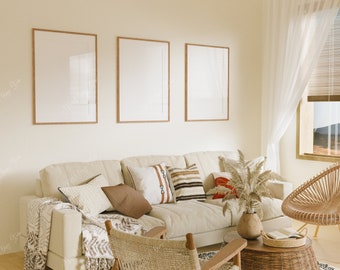 Set of 3 Wooden Frame Mockup in Living Room Interior,Boho Frame Mockup,Poster Mockup,Three Vertical Wall Art,Couch,,PSD,PNG,Ratio 5x7