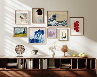 Gallery Wall Set Wood Frame Mockup,Art Print Gallery Set Mockup,8 Frames mockup,Poster Display,Art work Mockup,PSD JPG Smart Object