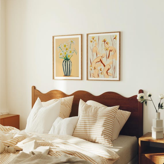 Set of 2 Frame Mockup in Bedroom,4x3 Wood Frame Mock-Up,2 Frames Above Bed Mockup,Print Poster Mockup,PSD Photopea Mockup in Home Interior