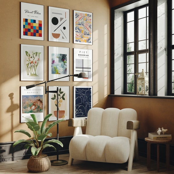 Set of 9 Frame Mockup in Living Room Interior,5x7 Black Thin Frame,Art Print Mockup,Mockup for Printable poster,JPG PSD Smart Object