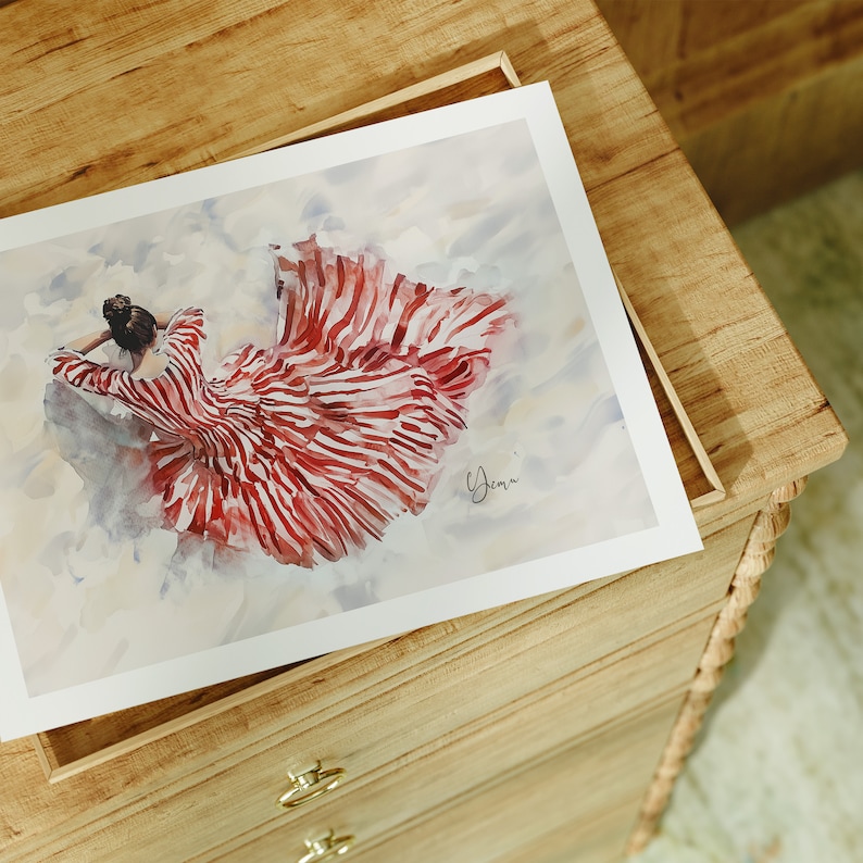 May include: A watercolor painting of a woman wearing a red and white striped dress. The woman is lying on her side with her head resting on her arm. The painting is on a wooden frame.