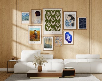 Gallery Wall Set Wood Frame Mockup,Art Print Gallery Set Mockup,9 Frames mockup,Poster Display,Art work Mockup,PSD JPG Smart Object