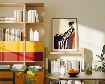 May include: A wooden bookshelf with red and yellow drawers, filled with books and decorative items. A framed print of a woman in a striped dress hangs above a shelf with more books and a decorative candle holder.