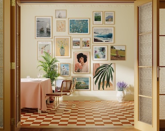 Mockups för galleriramar, mockup med träramar och 19 ramar, 3x4 väggkonst, mockup för affisch, mockup för konsttryck, mockup för inredning, PSD JPG