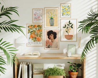 May include: A shelf with a variety of framed prints featuring floral and fruit illustrations, a woman's portrait, and text in Italian and English. The shelf also has books, a radio, and potted plants.