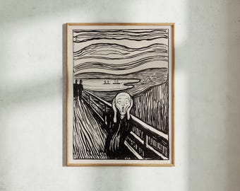 Puede incluir: Impresión en blanco y negro de El Grito de Edvard Munch, una pintura famosa que representa una figura con la cara distorsionada gritando sobre un fondo en espiral.