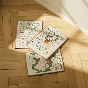 Puede incluir: Tres impresiones enmarcadas con un diseño floral y el texto "The Secret Garden" en cada una. Las impresiones presentan un patrón de margaritas blancas sobre un fondo verde. El texto "You've got a land of gold" está en una de las impresiones.