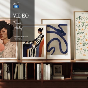 May include: A set of four framed art prints displayed on a wooden shelf. The prints feature a portrait of a person, a figure in a striped garment, a blue abstract line drawing, and a pattern of white daisies with yellow centers on a green background.