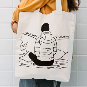 Take Care of Yourself | Inspirational Saying Tote Bag | Outdoorsy Camping Hiking Nature-Lover Gift | Farmers Market Reusable Grocery Bag