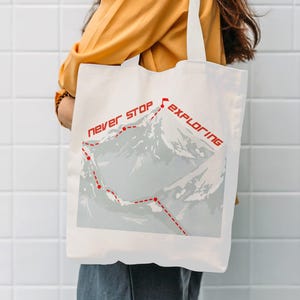 Never Stop Exploring | Adventure Mountain Tote, Minimalist Hiking Bag, Nature Lover Gift, Eco-Friendly Travel Bag, Farmer&#39;s Market Grocery