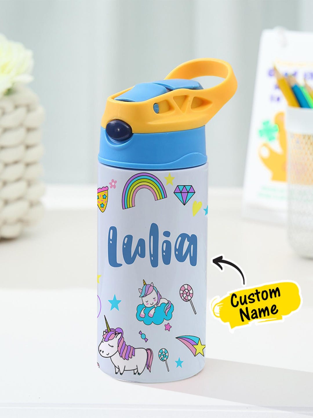 Personalized Kids Water Bottle With Straw, Unicorn Tumbler, Custom Name ...