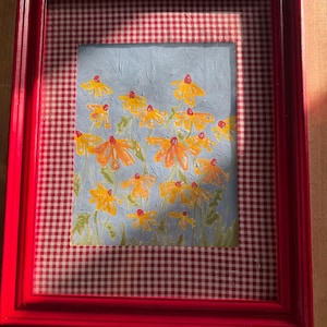 Whimsical Original Art- Field of Wildflowers in Red Frame