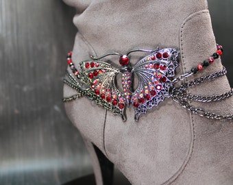 Silver plated boot bracelet with oversize red rhinestone butterfly pendant