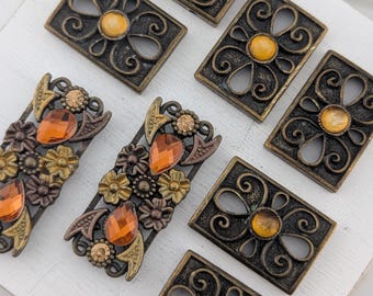 2-hole Vintage Bronze Toned Orange Rhinestone/Link Connectors for Jewelry Making & Crafts Metal Findings, Bead Connectors, DIY Accessories