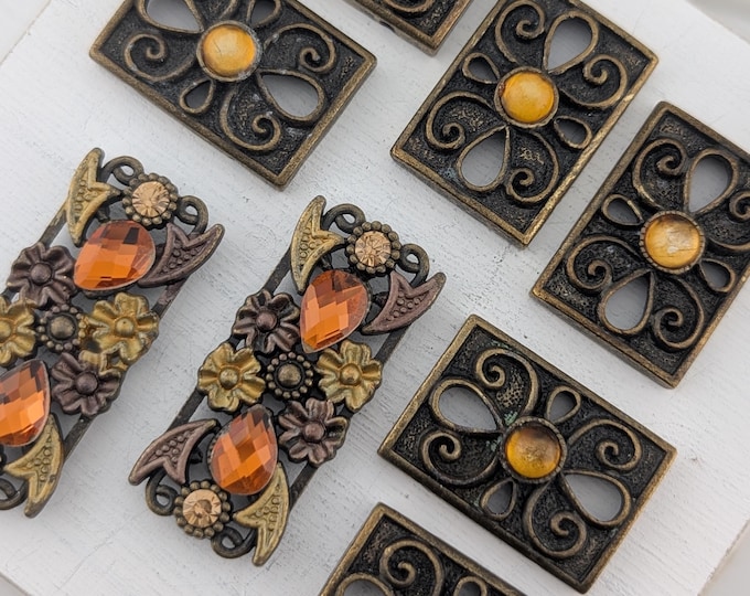 2-hole Vintage Bronze Toned Orange Rhinestone/Link Connectors for Jewelry Making & Crafts Metal Findings, Bead Connectors, DIY Accessories
