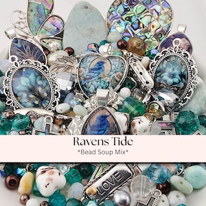 May include: A collection of jewelry components including silver-toned metal pendants with blue bird and floral imagery, abalone shell pieces, and various glass beads in shades of teal, green, and white. A metal tag with the word LOVE is visible.