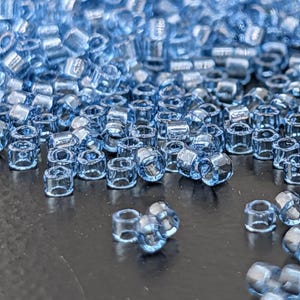 May include: Close-up shot of a pile of small, light blue glass beads. The beads are cylindrical with a hole running through the center. The beads are scattered across a dark surface, with some in focus and others blurred in the background. The beads have a translucent quality.